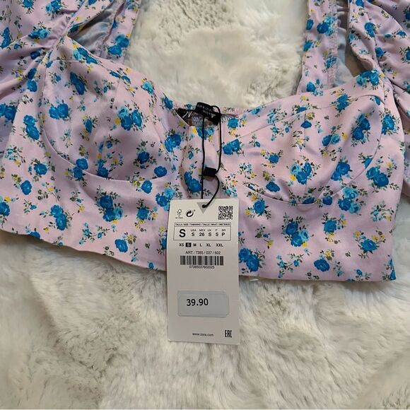 NWT Zara light purple with blue floral print cropped milkmaid busteir top - Picture 4 of 7